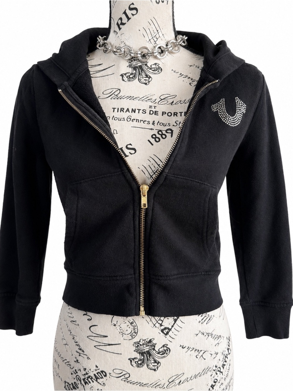 True Religion Black Zip Hoodie with Gold Hardware and Rhinestone Logo